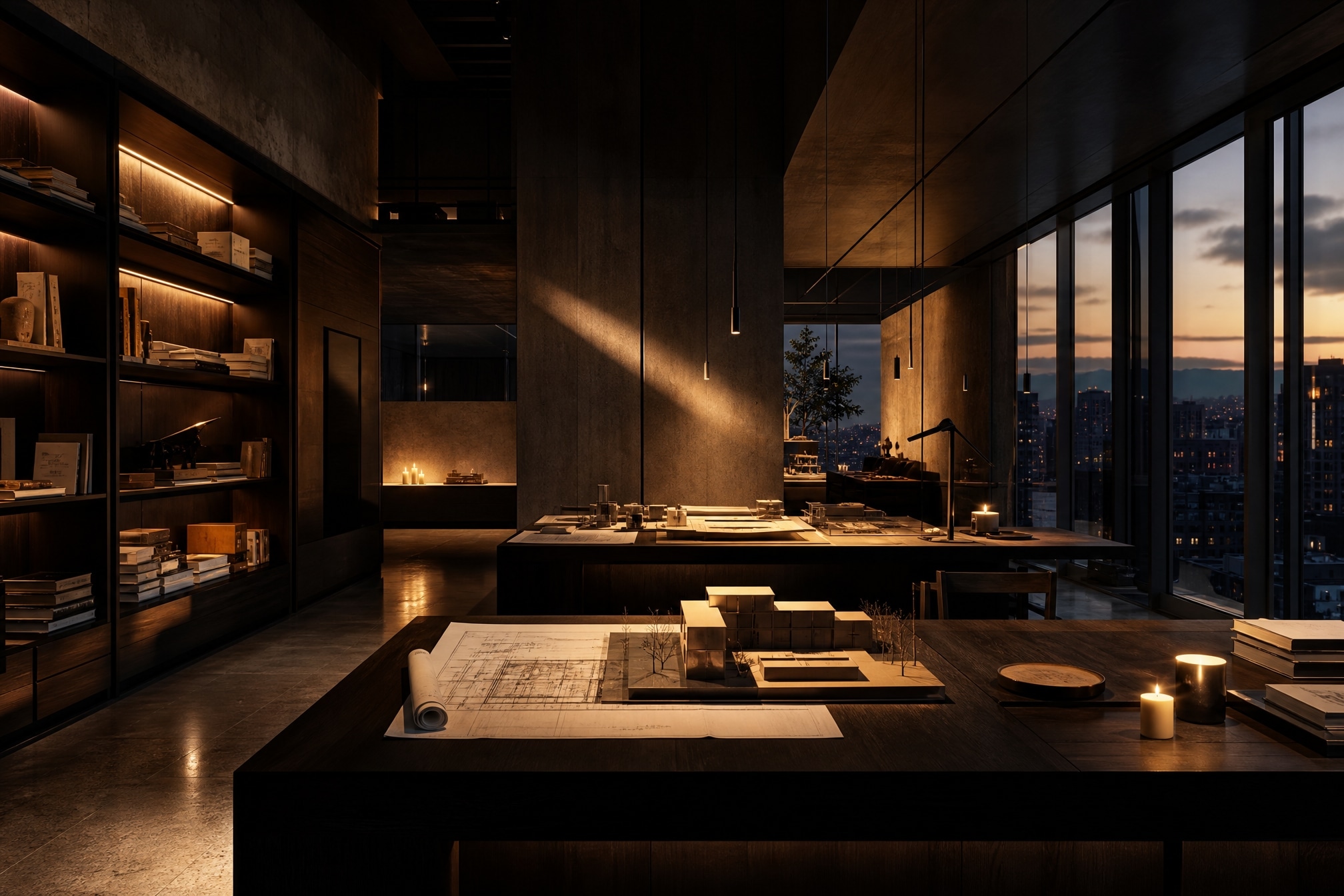Atelier arsitektur SELASAR saat senja, meja gambar dan maket disapu cahaya hangat